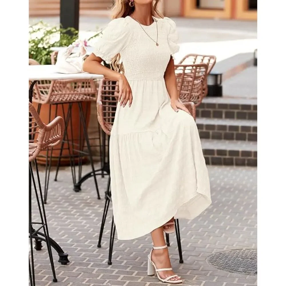 Women's Beige Polyester Crew Neck Short Sleeve A Line Casual Midi Dress